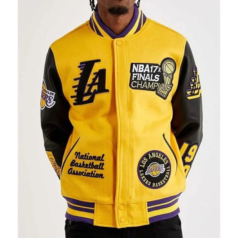 Los Angeles Lakers Mash Up Varsity Yellow Wool & Black Genuine Leather Sleeves Men's Letterman Jacket