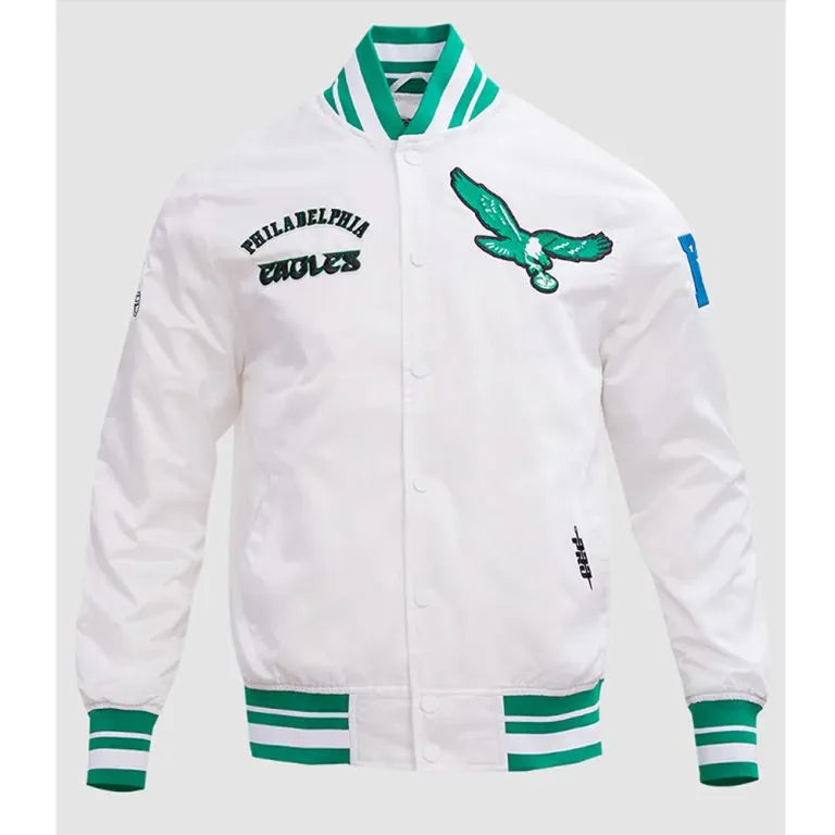 Philadelphia Eagles Retro Classic Rib Full-Snap Varsity White Satin Men's Bomber Jacket