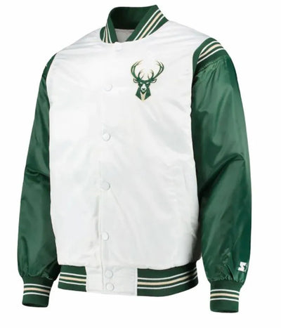Milwaukee Bucks Full-Snap Varsity White and Green Satin Men's Bomber Jacket