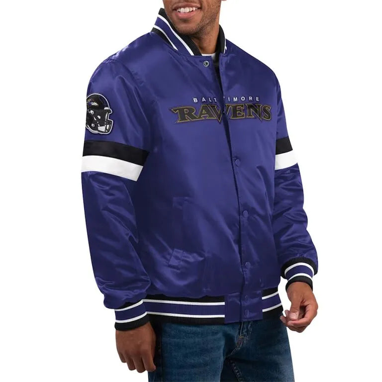 Baltimore Ravens Home Game Full-Snap Varsity Purple Satin Men's Bomber Jacket
