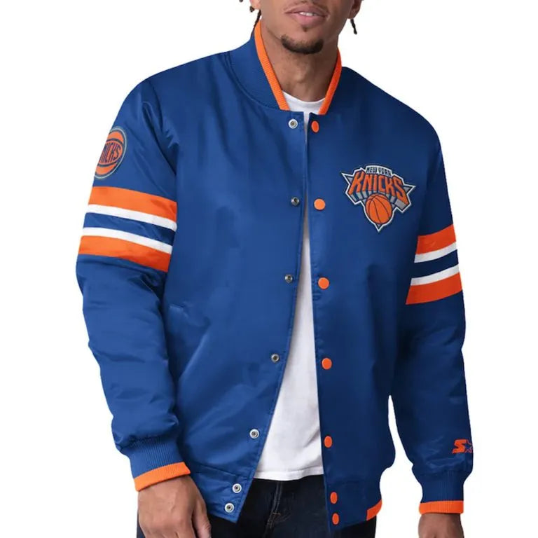 New York Knicks Scout I Full-Snap Varsity Blue Satin Men's Bomber Jacket