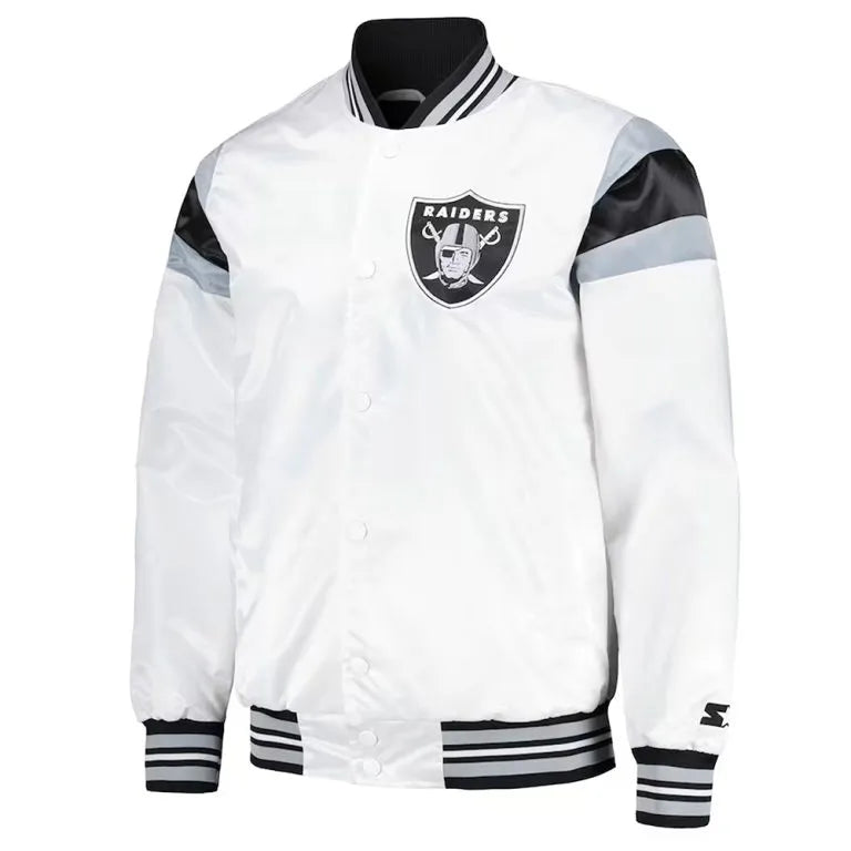 Los Angeles Raiders Midweight Full-Snap Varsity White Satin Men's Bomber Jacket