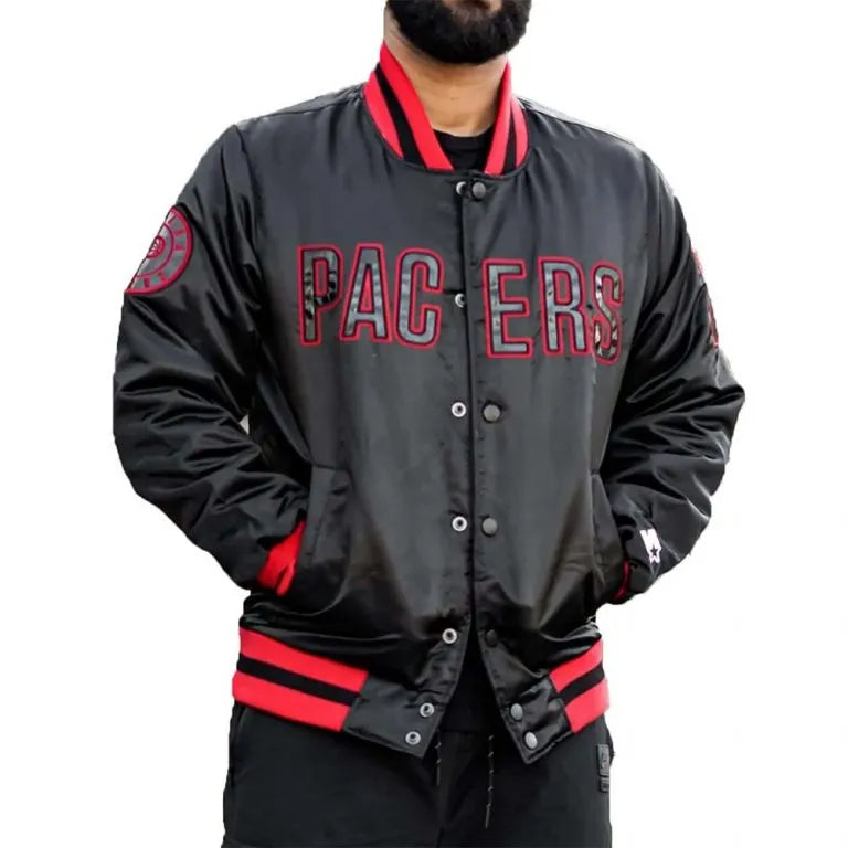 Indiana Pacers Full-Snap Varsity Black and Red Satin Men's Bomber Jacket