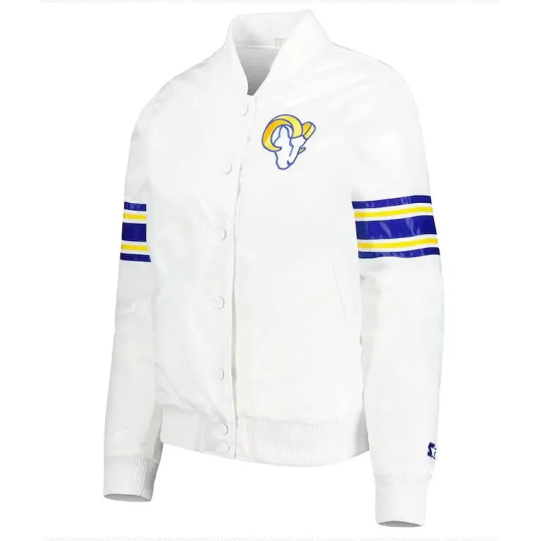 Los Angeles Rams Line Up Full-Snap Varsity White Satin Men's Bomber Jacket