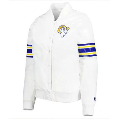 Los Angeles Rams Line Up Full-Snap Varsity White Satin Men's Bomber Jacket