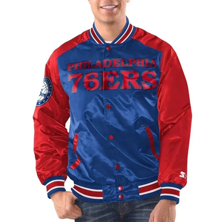 Philadelphia 76ers Renegade Full-Snap Varsity Royal/Red Satin Men's Bomber Jacket