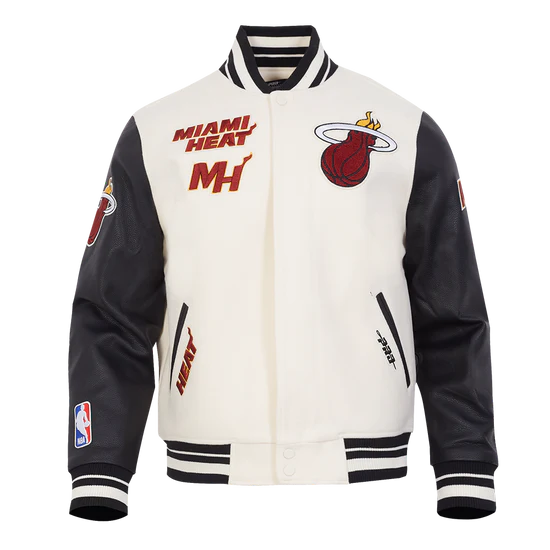 Miami Heat Mashup Logo Varsity Off White Wool & Black Genuine Leather Sleeves Men's Jacket