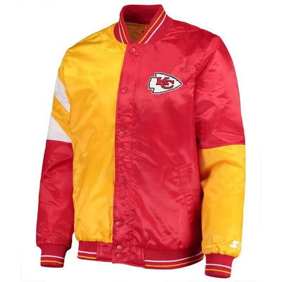 Kansas City Chiefs Deandre Jordan Full-Snap Varsity Red and Yellow Satin Men's Bomber Jacket