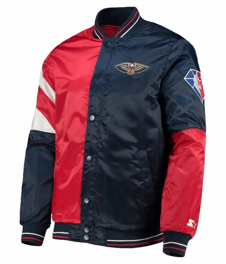 New Orleans Pelicans Leader 75th Anniversary Full-Snap Varsity Color Block Satin Men's Bomber Jacket