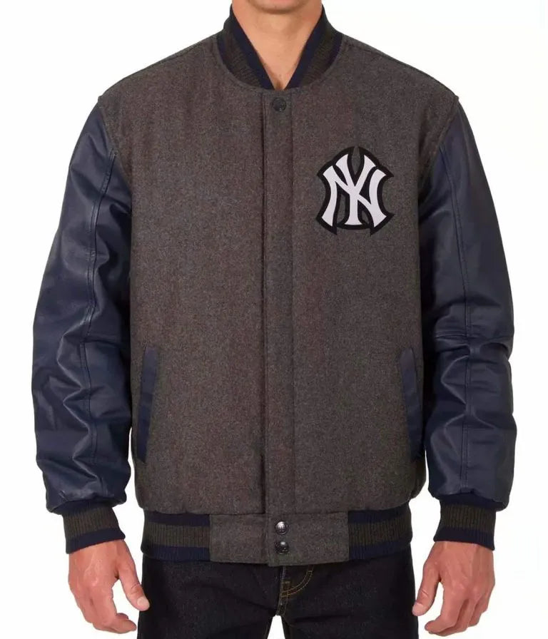 New York Yankees Charcoal Wool & Navy Blue Leather Sleeves Varsity Men's Jacket