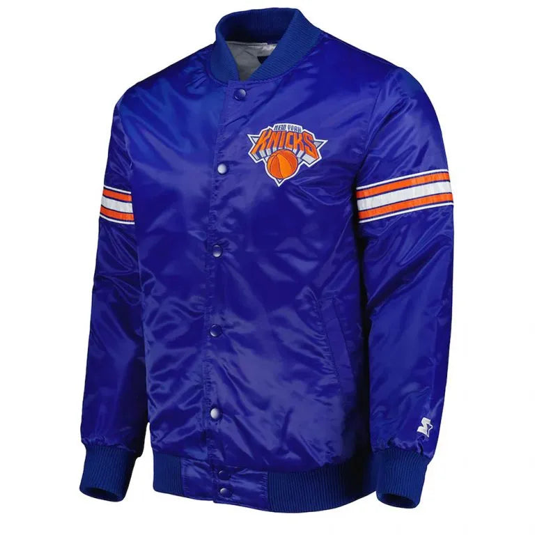 New York Knick Pick & Roll Full-Snap Varsity Blue Satin Men's Bomber Jacket