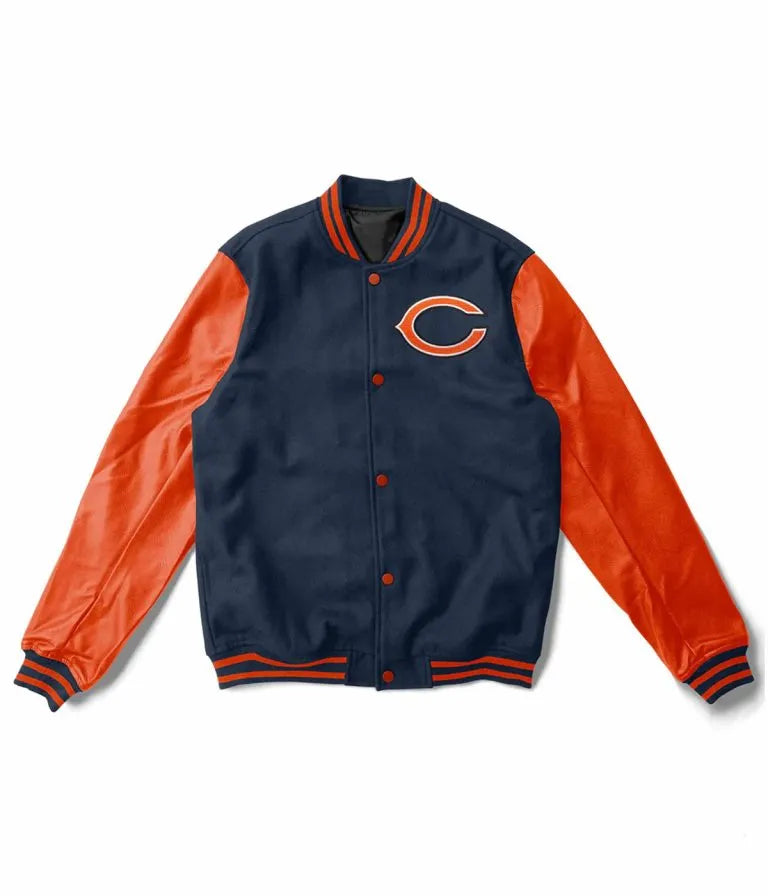 Chicago Bears Blue Wool & Orange Genuine Leather Sleeves Full-Snap Men's Varsity Jacket