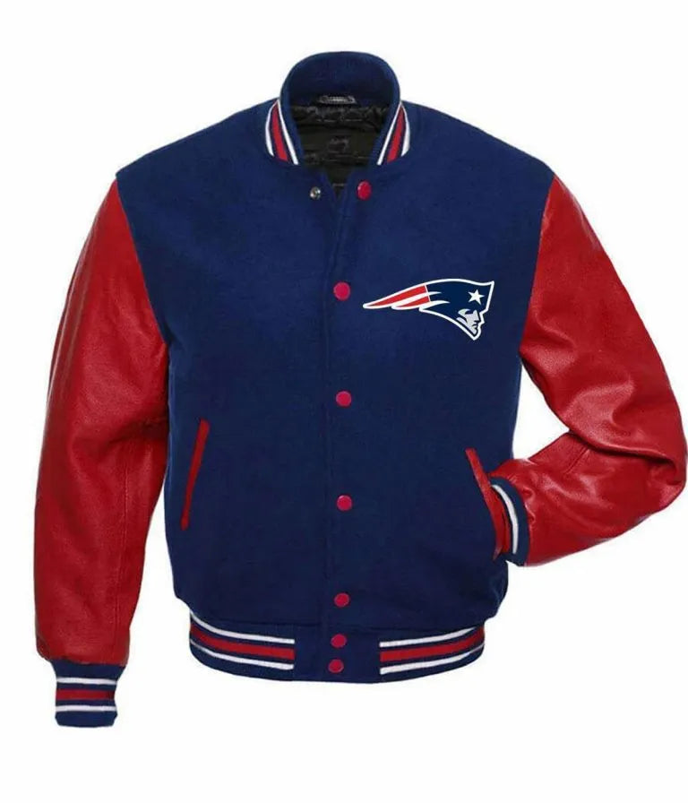 New England Patriots NFL Blue Wool and Red Genuine Leather Sleeves Men's Varsity Letterman Jacket