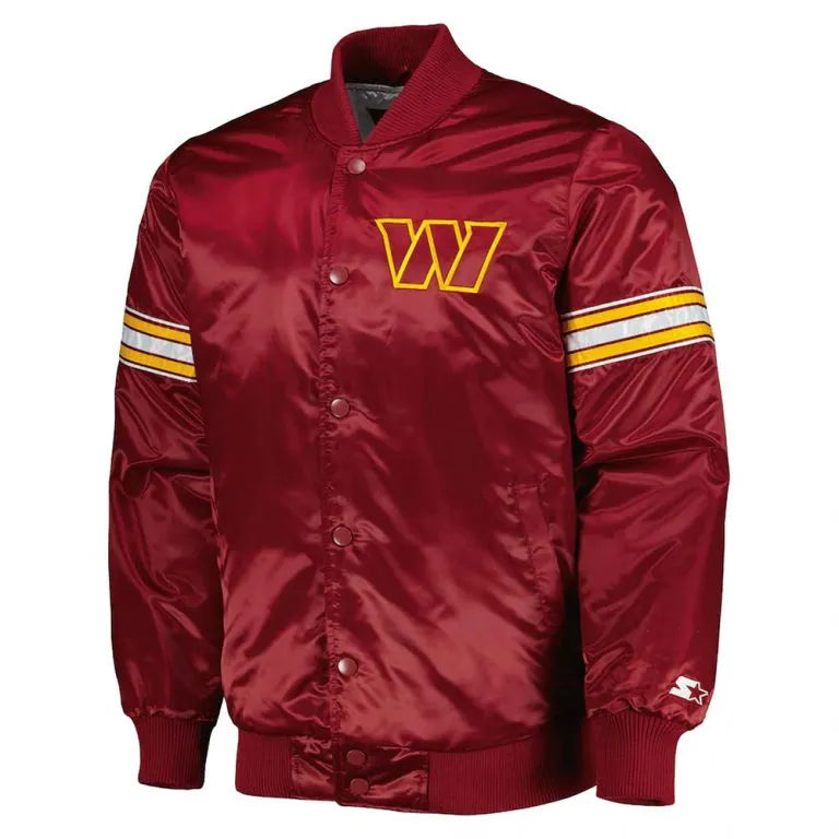 Washington Commanders The Pick and Roll Full-Snap Varsity Burgundy Satin Men's Bomber Jacket