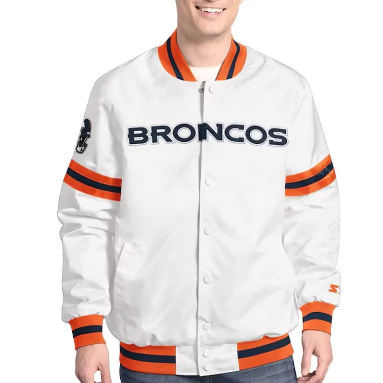 Denver Broncos Scout Full-Snap Varsity White Satin Men's Bomber Jacket