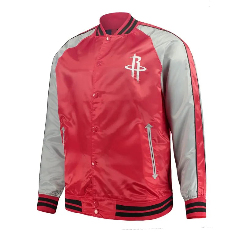 Houston Rockets Full-Snap Varsity Red/Gray Satin Men's Bomber Jacket