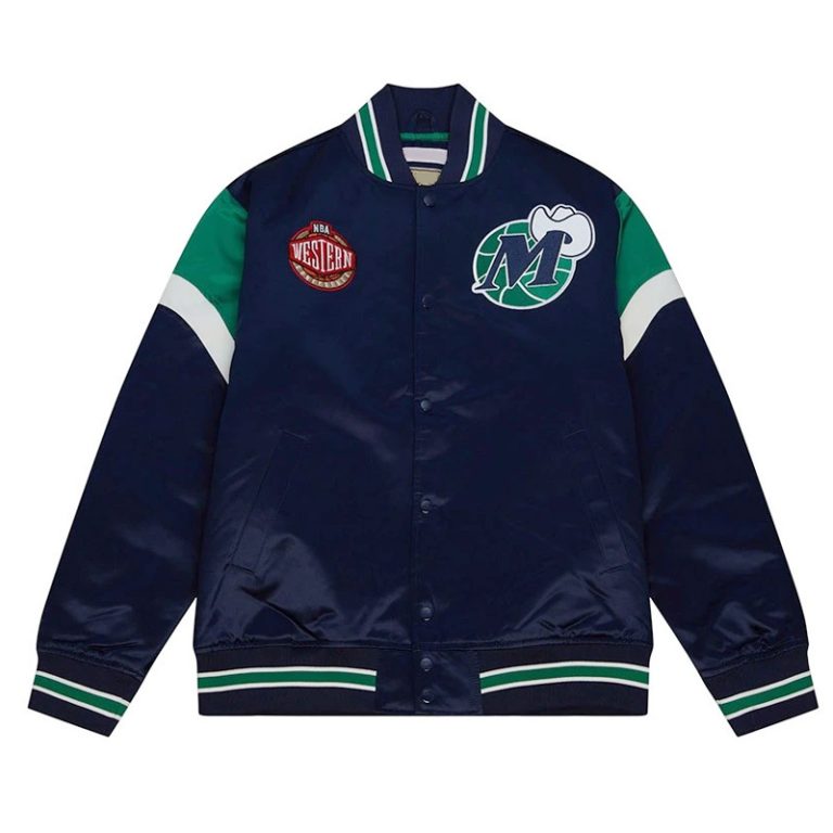 NBA Western Dallas Mavericks Heavyweight Full-Snap Varsity Navy Blue Satin Men's Bomber Jacket