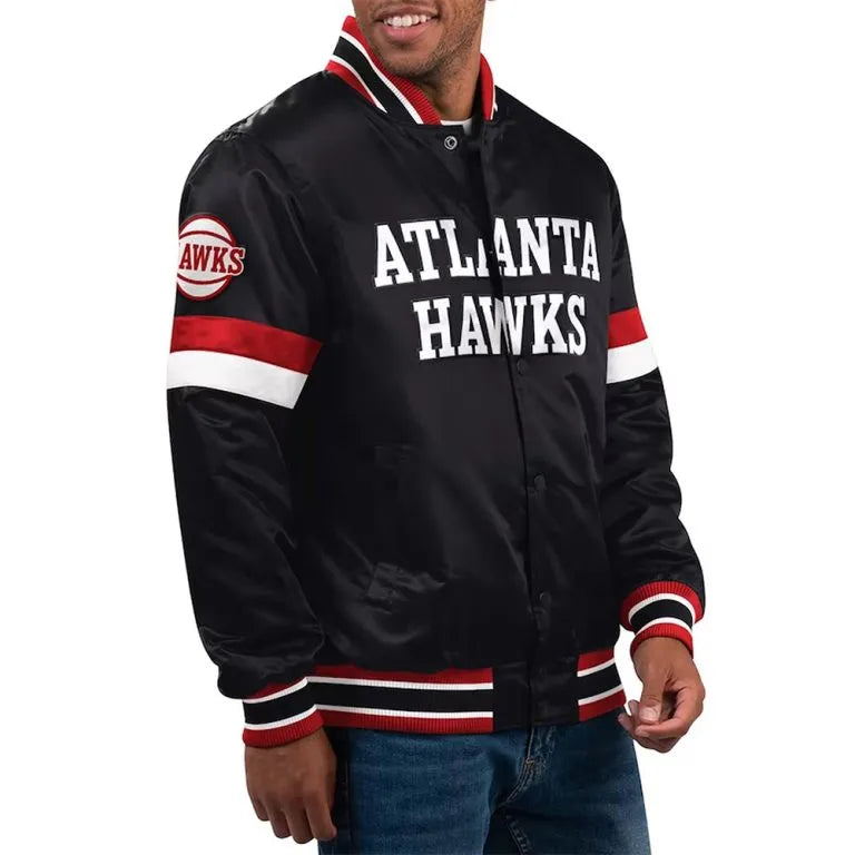 Atlanta Hawks Home Game Full-Snap Varsity Black Satin Men's Bomber Jacket
