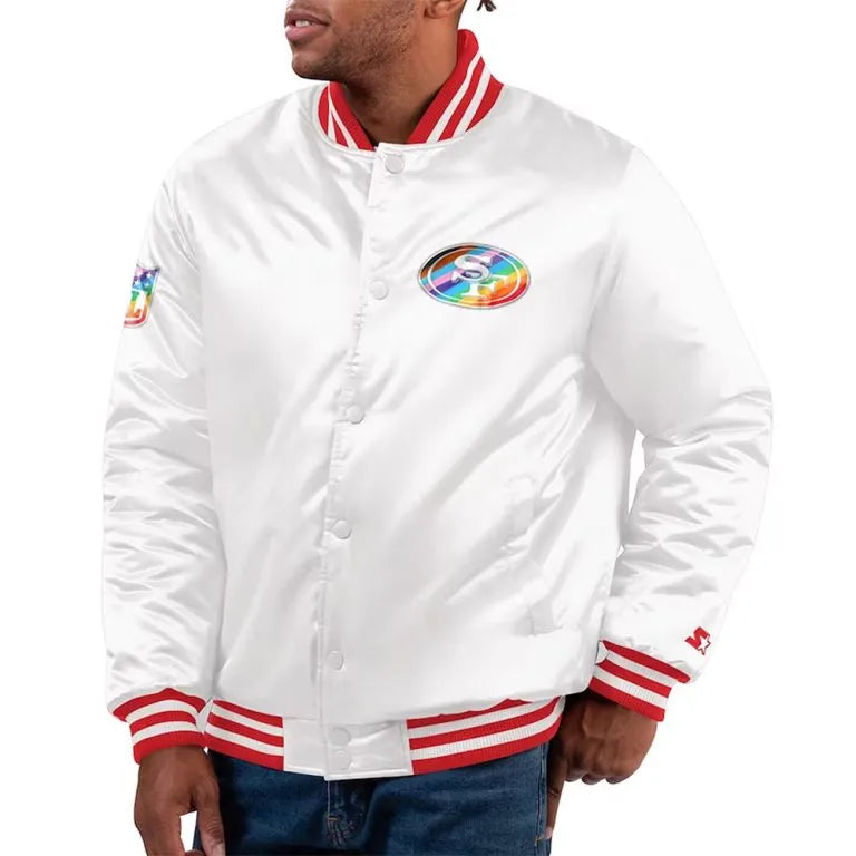 San Francisco 49ers Pride Full-Snap Varsity White Satin Men's Bomber Jacket