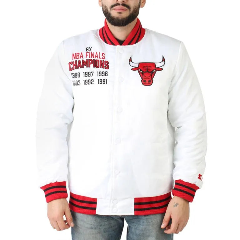 NBA Chicago Bulls Champions Full-Snap Varsity White Satin Men's Bomber Jacket
