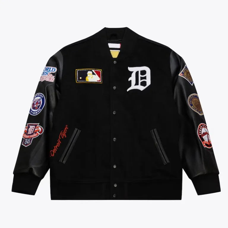 Detroit Tigers Black Out Vintage Logo Wool & Leather Full-Snap Varsity Men's Jacket