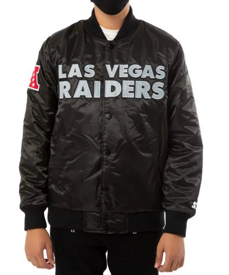 Los Angeles Raiders Back Shield Full-Snap Varsity Black Satin Men's Bomber Jacket