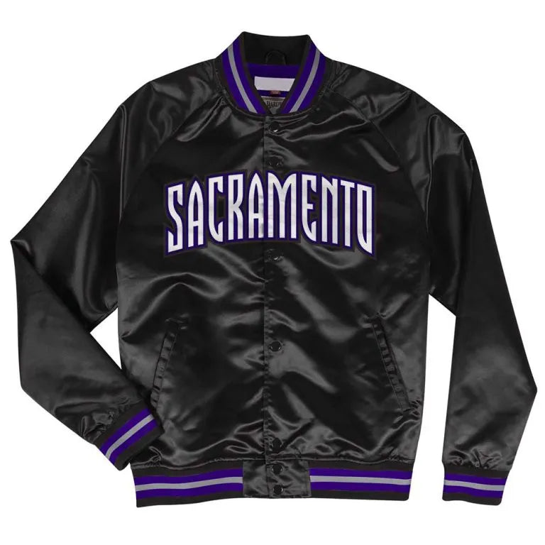 Sacramento Kings Lightweight Full-Snap Varsity Black Satin Men's Bomber Jacket