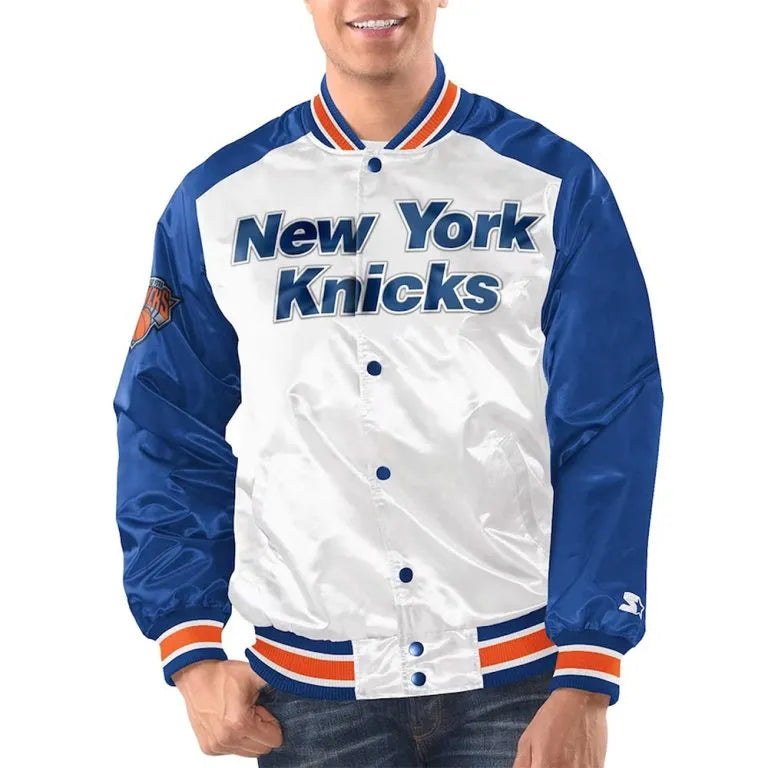 New York Knicks Renegade Full-Snap Varsity White/Blue Satin Men's Bomber Jacket