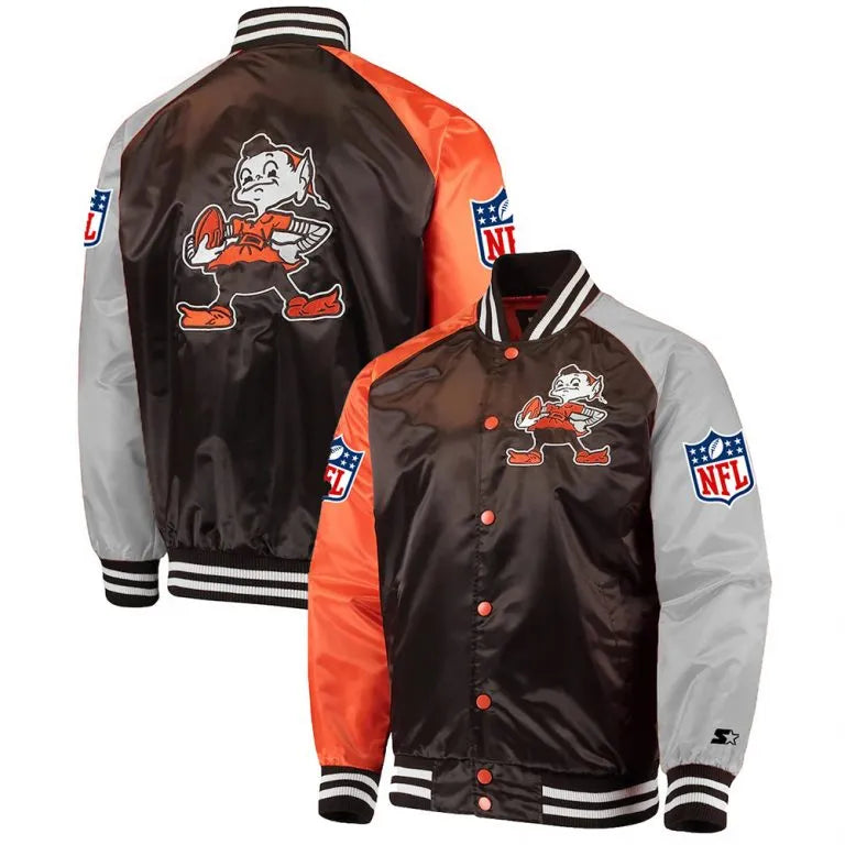Cleveland Browns Lead Off Full-Snap Varsity Orange and Brown Satin Men's Bomber Jacket