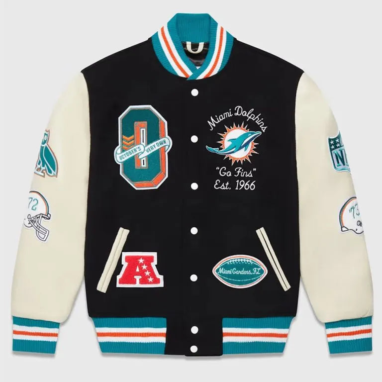 OVO Miami Dolphins Black Wool and White Genuine Leather Sleeves Men's Varsity Letterman Jacket