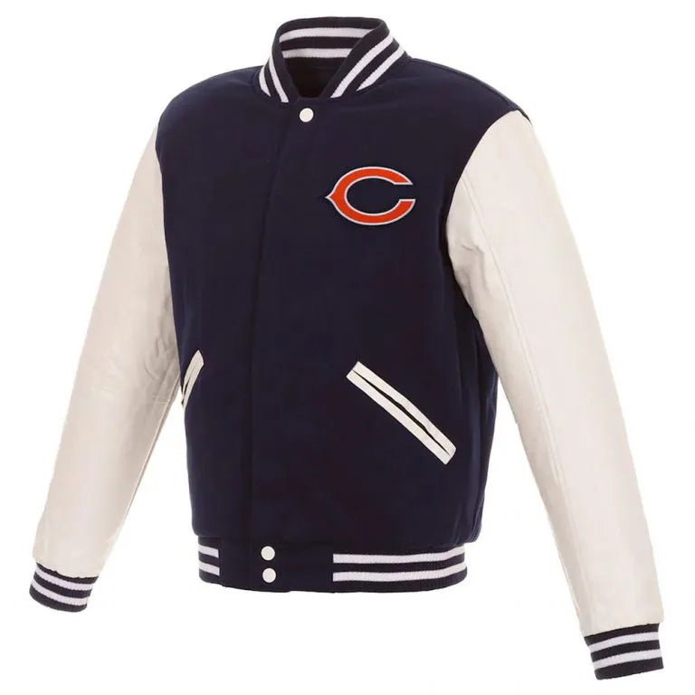 Chicago Bears Navy Blue Wool & White Genuine Leather Sleeves Full-Snap Men's Varsity Jacket