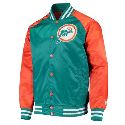 Miami Dolphins Lead Off Full-Snap Varsity Aqua/Orange Satin Men's Bomber Jacket