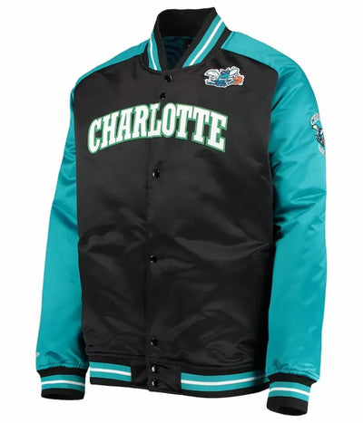 Charlotte Hornets Hardwood Classics Reload 3.0 Full-Snap Varsity Black and Teal Satin Men's Bomber Jacket