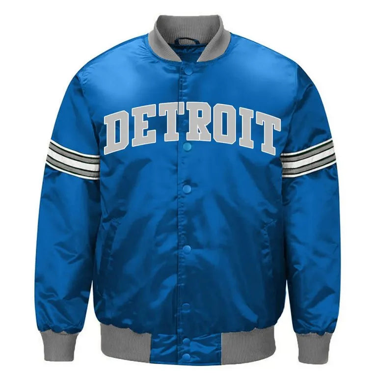Detroit Lions Striped Full-Snap Varsity Blue Satin Men's Bomber Jacket