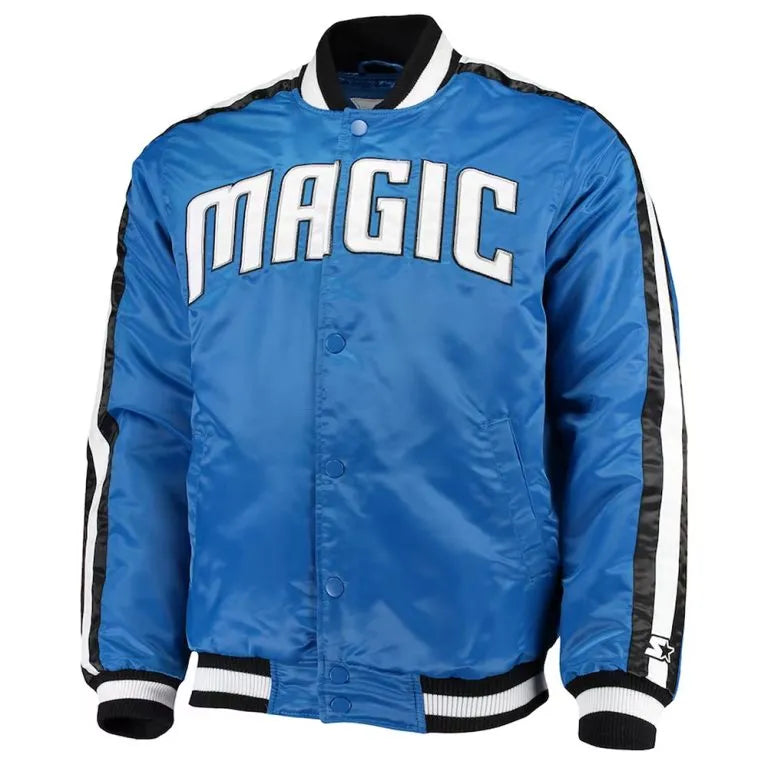 Orlando Magic The Offensive Full-Snap Varsity Blue Satin Men's Bomber Jacket