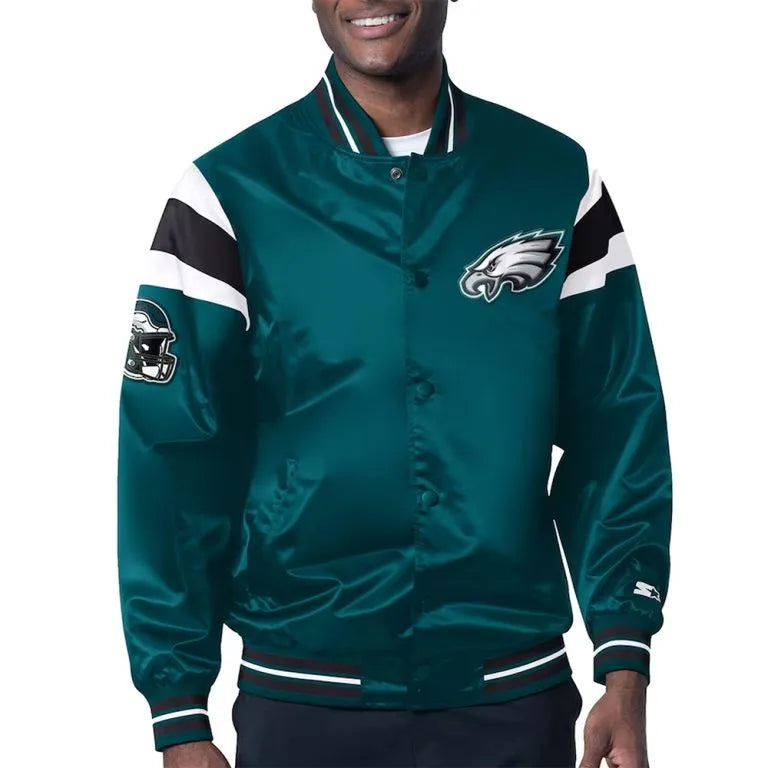 Philadelphia Eagles Midweight Full-Snap Varsity Midnight Green Satin Men's Bomber Jacket