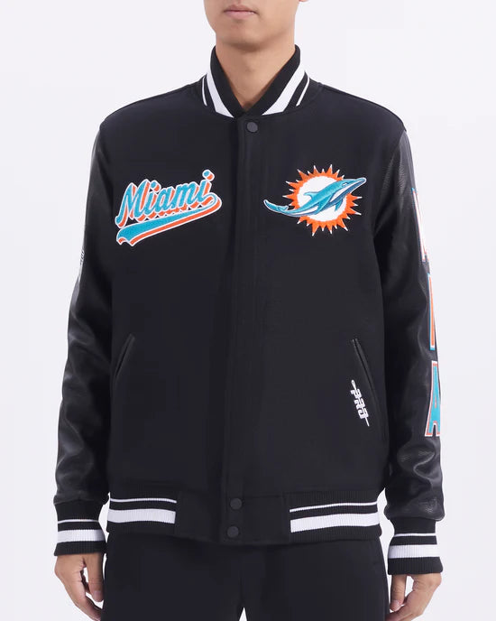 Miami Dolphins Script Tail Black Wool and Genuine Leather Sleeves Men's Varsity Letterman Jacket