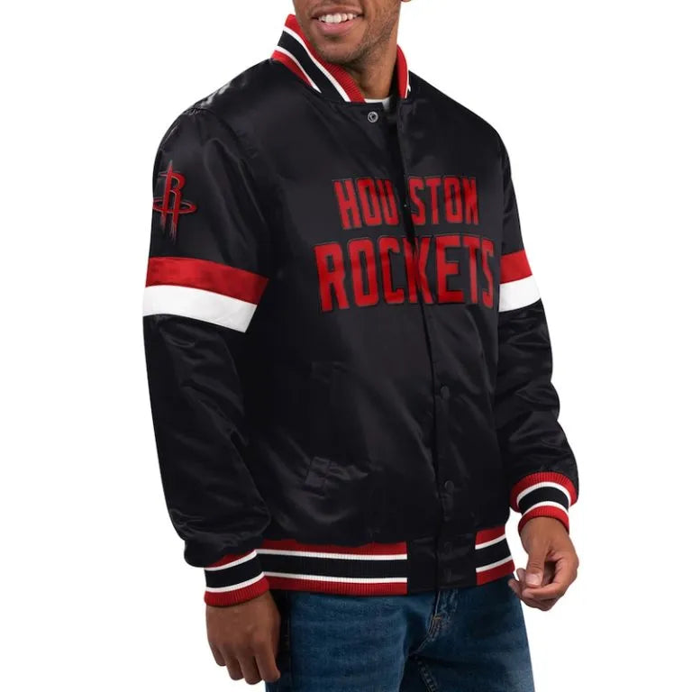 Houston Rockets Home Game Full-Snap Varsity Black Satin Men's Bomber Jacket