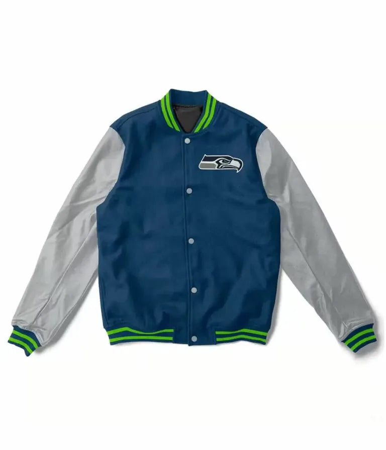 Seattle Seahawks Navy Blue Wool & Gray Genuine Leather Sleeves Men's Varsity Letterman Jacket