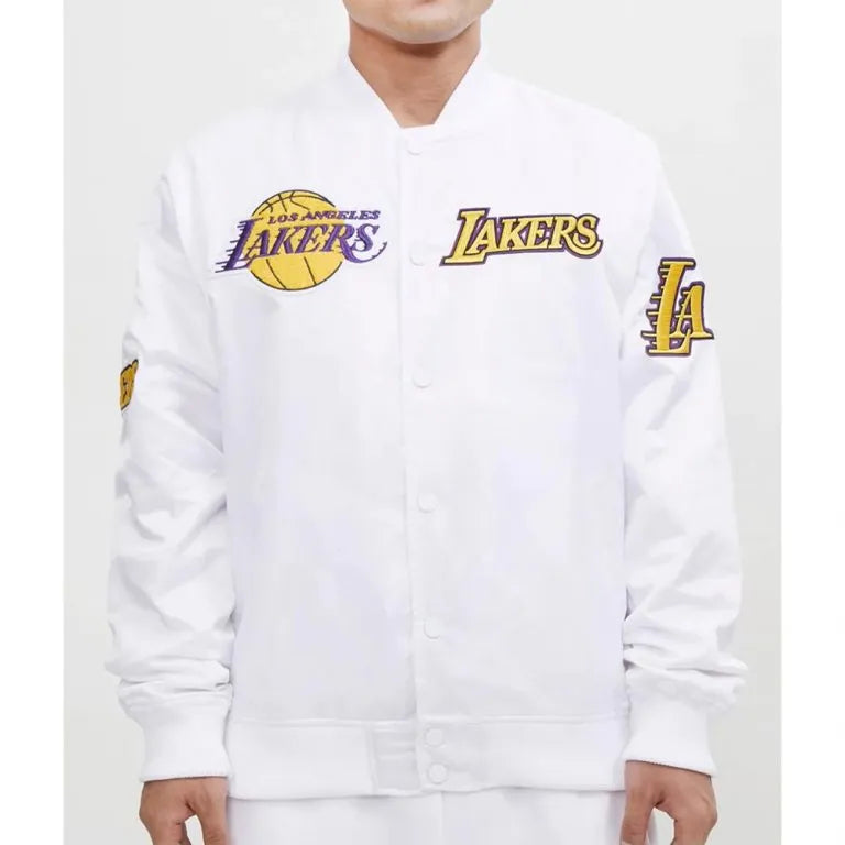 Los Angeles Lakers Full-Snap Varsity White Satin Men's Bomber Jacket