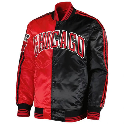 Chicago Bulls Fast Break Full-Snap Varsity Red and Black Satin Men's Bomber Jacket