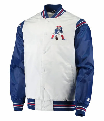New England Patriots Renegade Full-Snap Varsity White and Blue Satin Men's Bomber Jacket