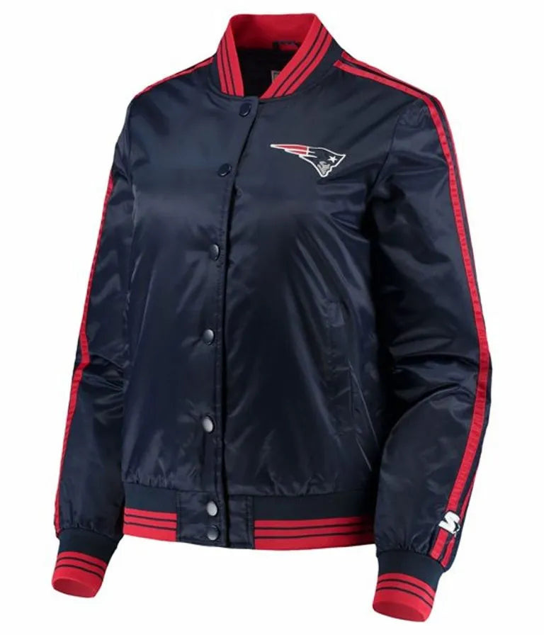 New England Patriots Overtime Full-Snap Varsity Navy Blue Satin Men's Bomber Jacket