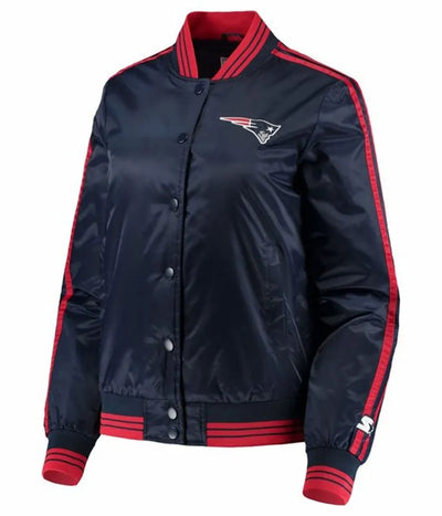 New England Patriots Overtime Full-Snap Varsity Navy Blue Satin Men's Bomber Jacket