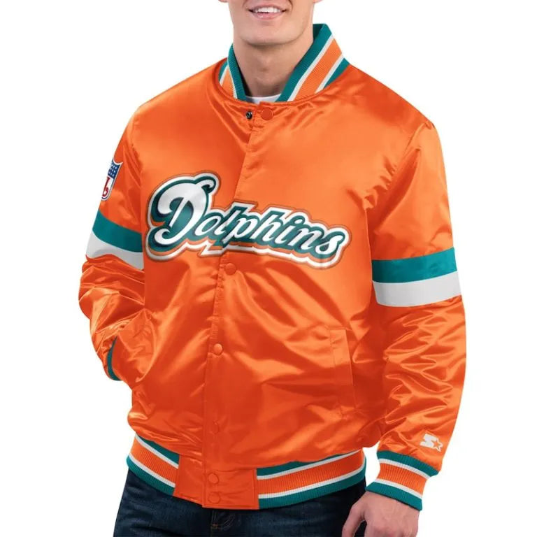 Miami Dolphins Gridiron Classics Home Game Full-Snap Varsity Orange Satin Men's Bomber Jacket
