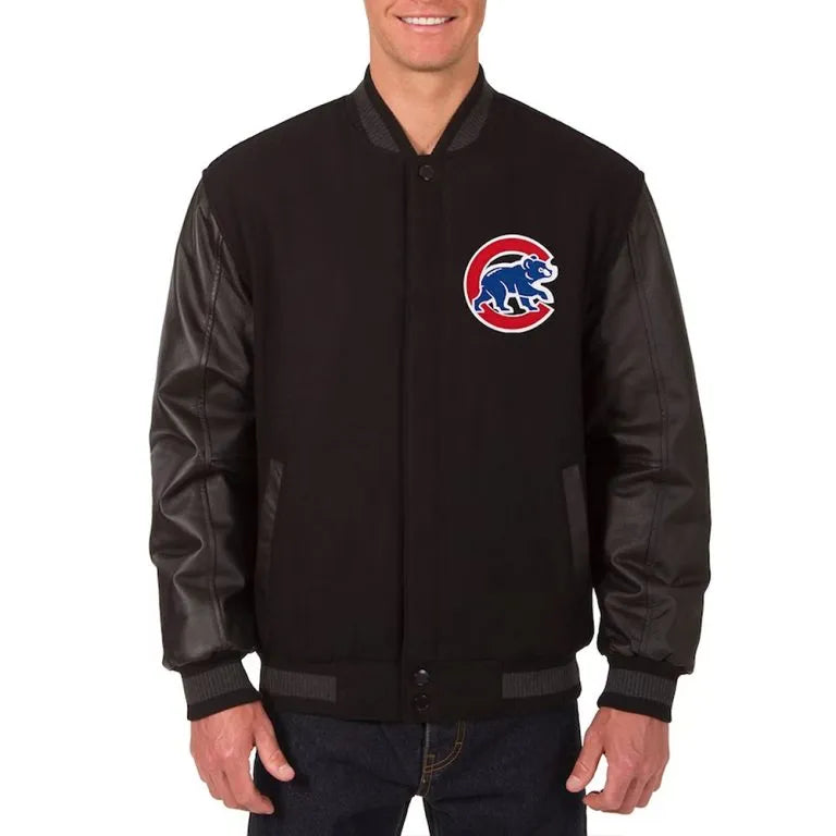 Black Chicago Cubs Black Wool & Genuine Leather Sleeves Varsity Men's Jacket