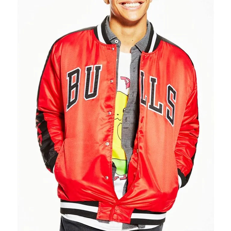 Chicago Bulls Superfans Full-Snap Varsity Black and Red Satin Men's Bomber Jacket