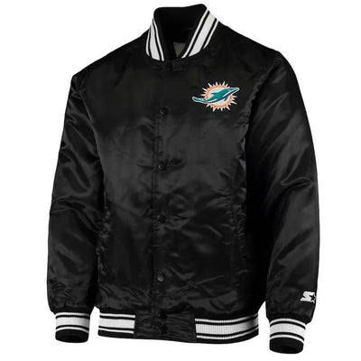 Miami Dolphins Locker Room Full-Snap Varsity Black Satin Men's Bomber Jacket
