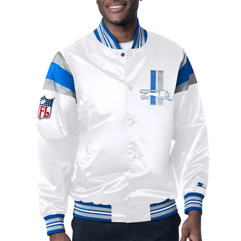 Detroit Lions Midweight Full-Snap Varsity White Satin Men's Bomber Jacket