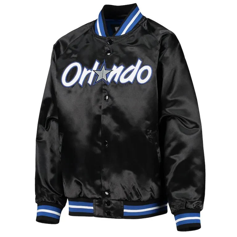 Orlando Magic Youth Hardwood Classics Full-Snap Varsity Black Satin Men's Bomber Jacket